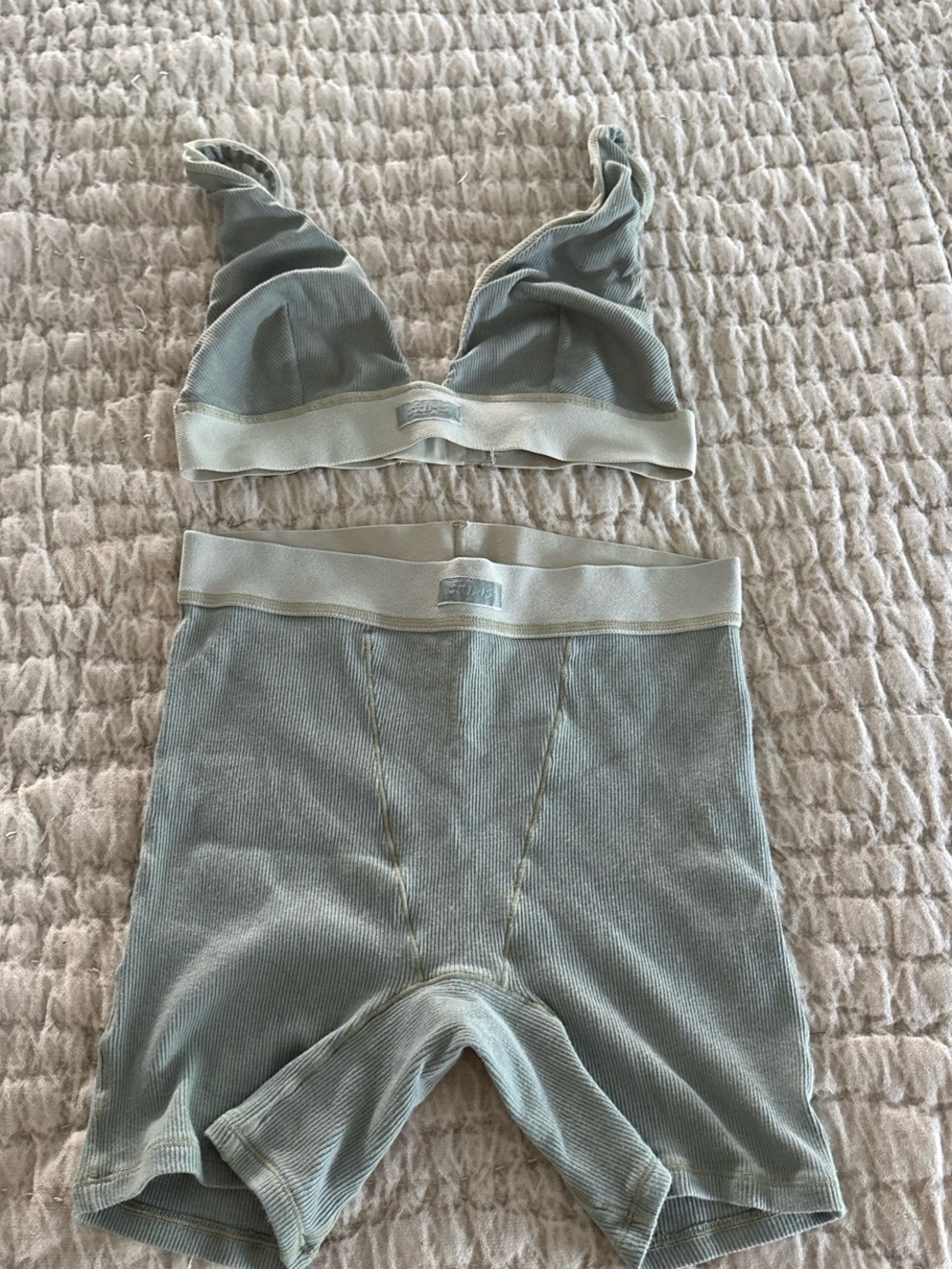SKIMS Ribbed Bralette and High-Waist Short Set in Light Sage
